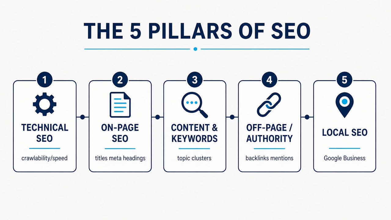 SEO pillars diagram: technical, on-page, content, off-page, local