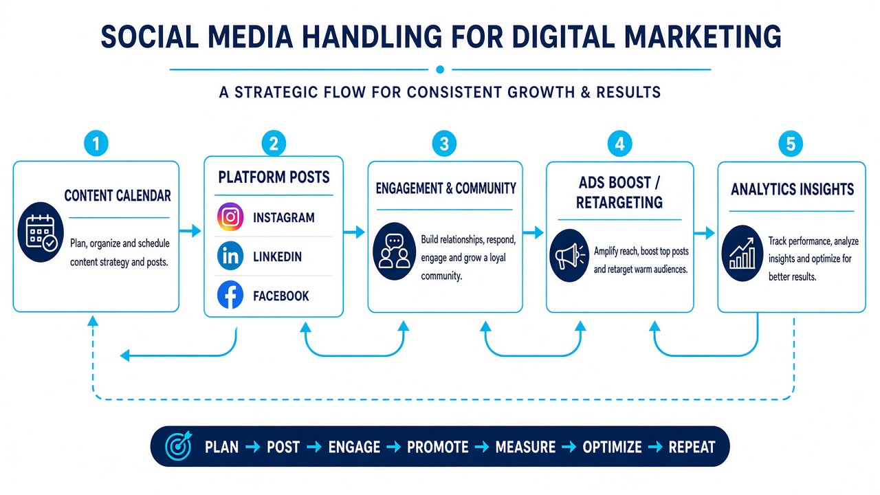 Social media handling flow: calendar, posts, engagement, ads, analytics