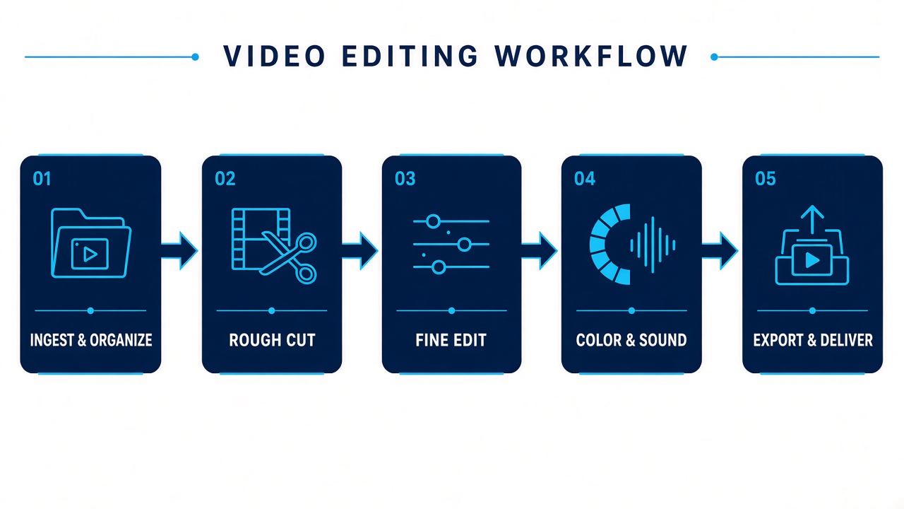 Video editing workflow diagram from ingest to export